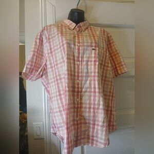 Lacoste Men's Short Sleeve Button Down Shirt Pink & White Plaid Sz.46 Casual